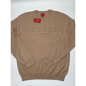 NWT GUESS Mens Tan Long Sleeve Crew Neck Embroidered Logo Sweater Size XL